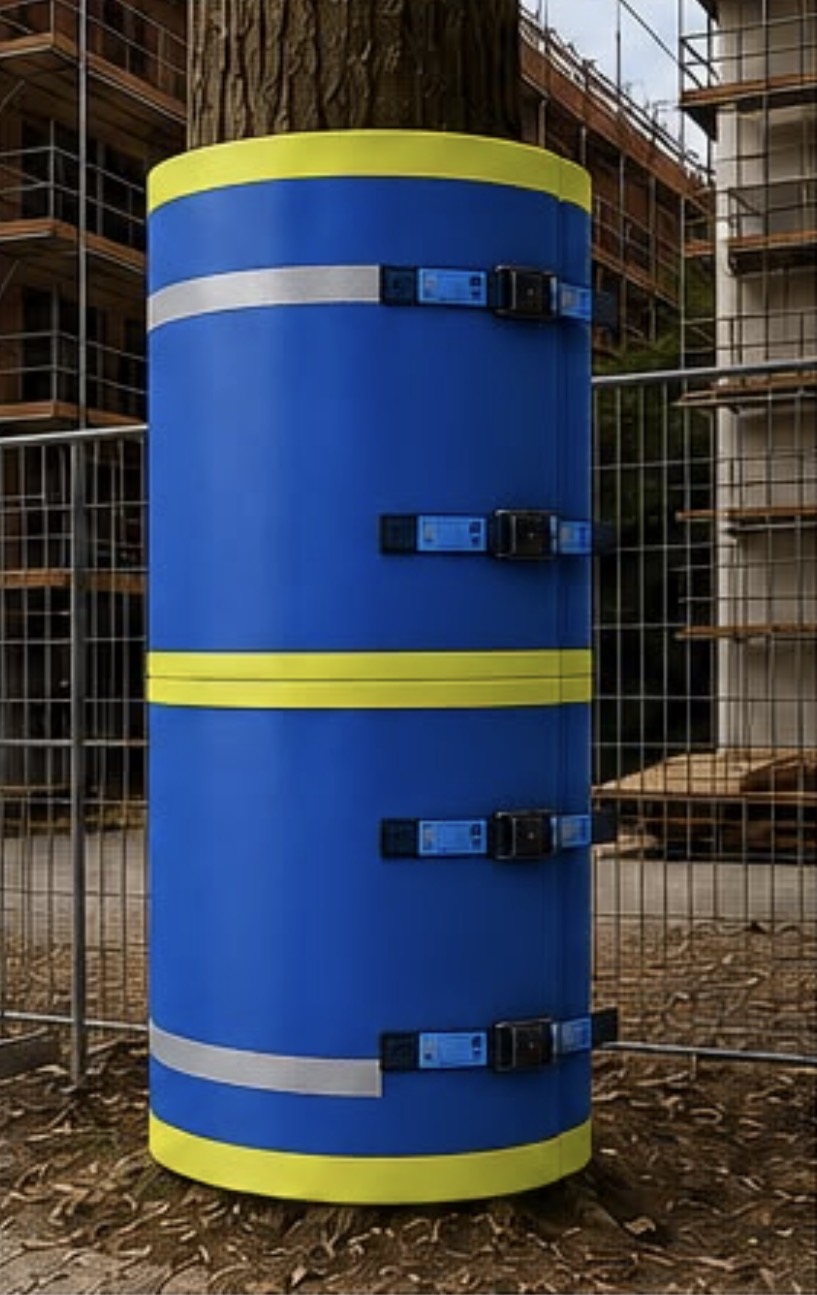Stammschutz 300+ Stammschutzmantel in Signalblau mit neongelben Bändern und Reflexstreifen an einem Baum auf der Baustelle
